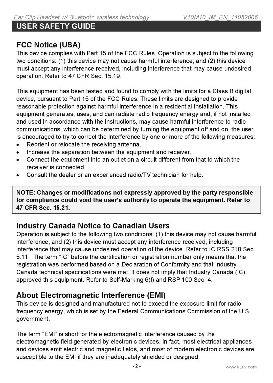 Iluv i202 FCC Notice USA, Industry Canada Notice to Canadian Users, About Electromagnetic Interference EMI 