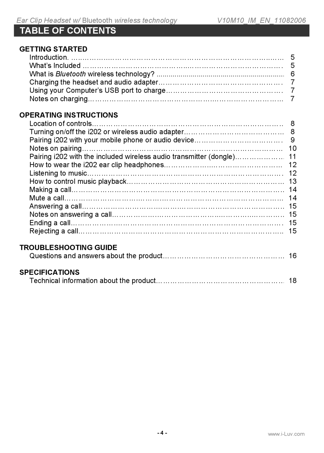 Iluv i202 instruction manual Table of Contents 