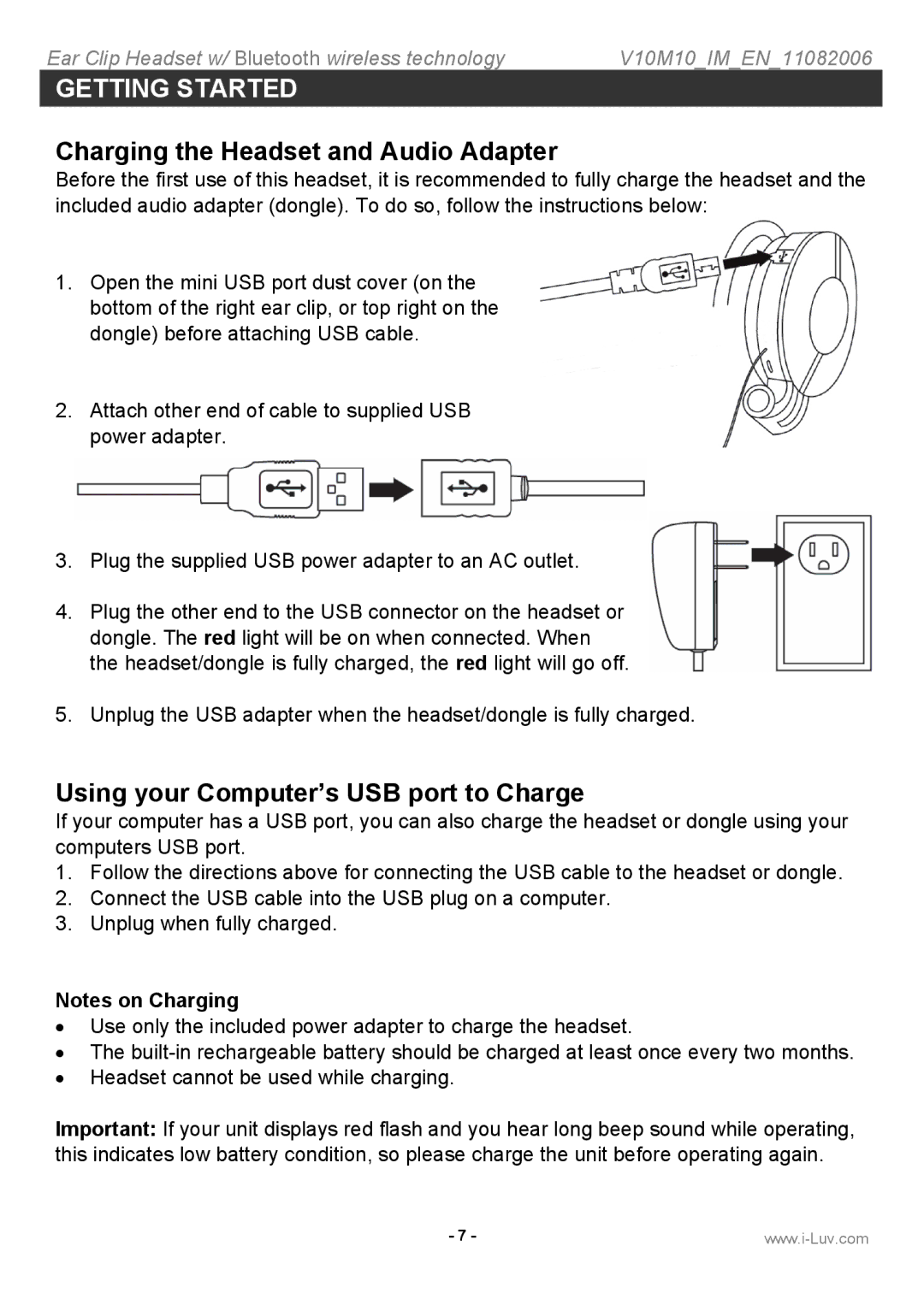 Iluv i202 instruction manual Charging the Headset and Audio Adapter, Using your Computer’s USB port to Charge 