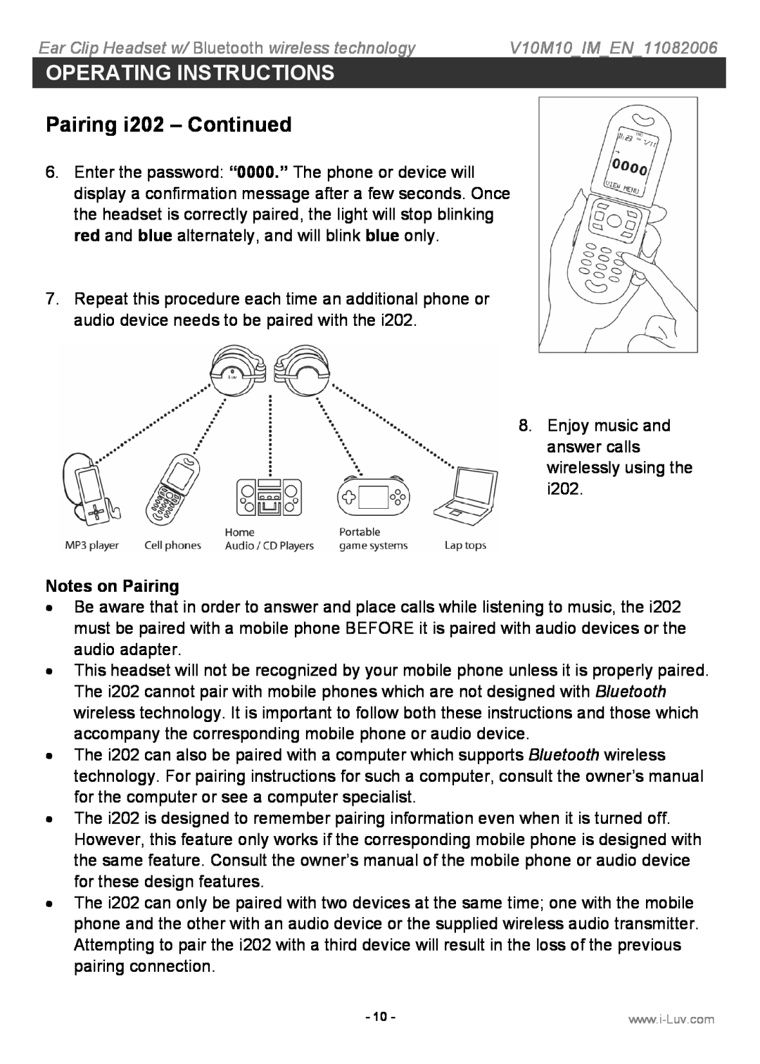 Iluv Pairing i202 - Continued, Operating Instructions, Ear Clip Headset w/ Bluetooth wireless technology 