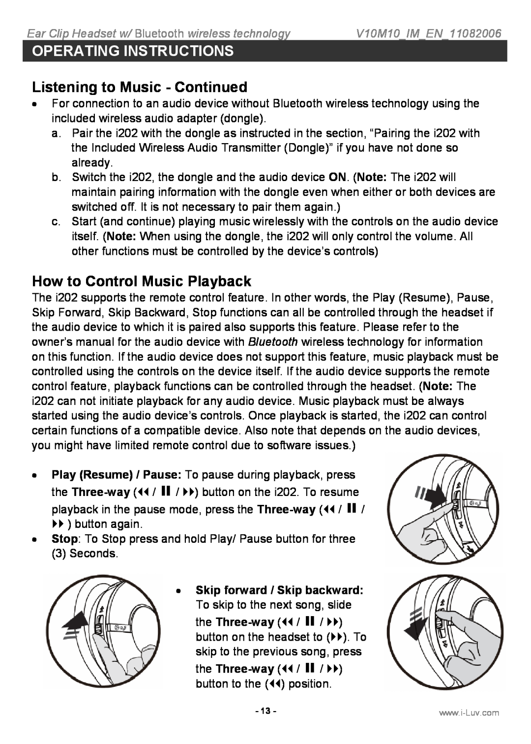 Iluv i202 instruction manual Listening to Music - Continued, How to Control Music Playback, Operating Instructions 