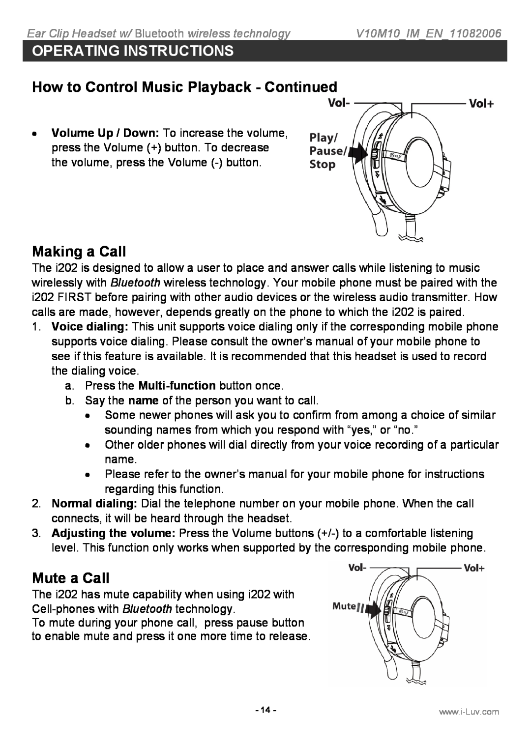 Iluv i202 instruction manual How to Control Music Playback - Continued, Making a Call, Mute a Call, Operating Instructions 