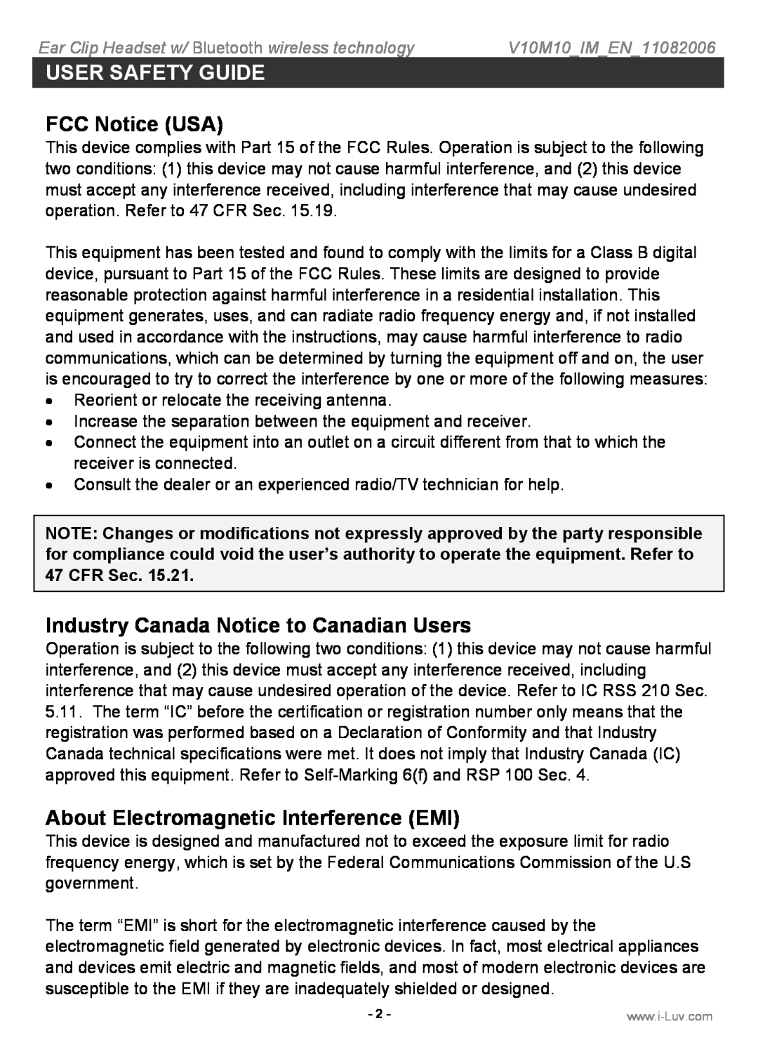 Iluv i202 FCC Notice USA, Industry Canada Notice to Canadian Users, About Electromagnetic Interference EMI 