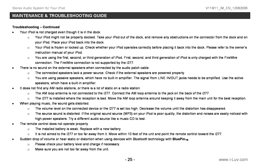Iluv i277 Troubleshooting - Continued, Maintenance & Troubleshooting Guide, Stereo Audio System for Your iPod 