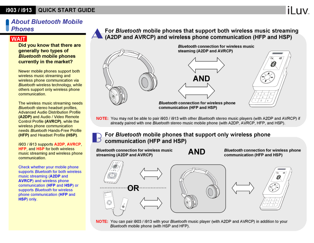 Iluv i903, i913 quick start About Bluetooth Mobile Phones, I903 / i913 Quick Start Guide, Wait 