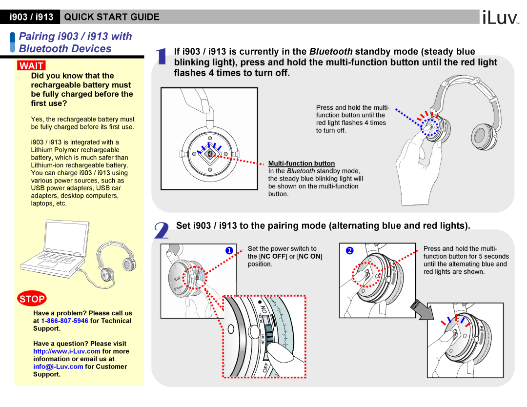 Iluv i903, i913 quick start Pairing i903 / i913 with Bluetooth Devices, Stop, Multi-function button 