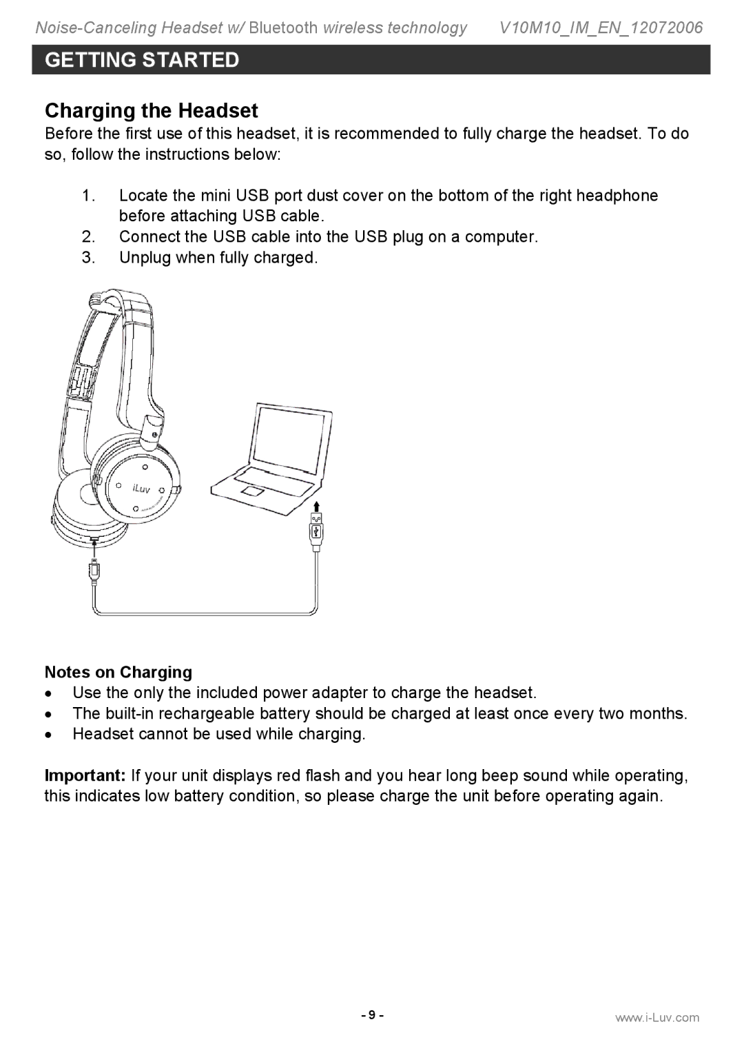 Iluv i913 instruction manual Charging the Headset 