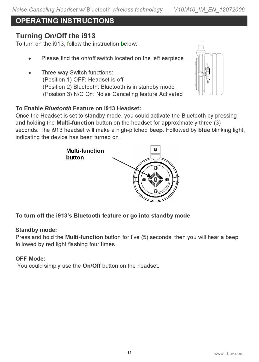 Iluv i913 instruction manual Turning On/Off, Multi-function button 