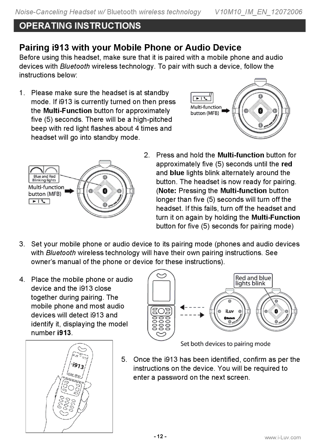 Iluv instruction manual Pairing i913 with your Mobile Phone or Audio Device 