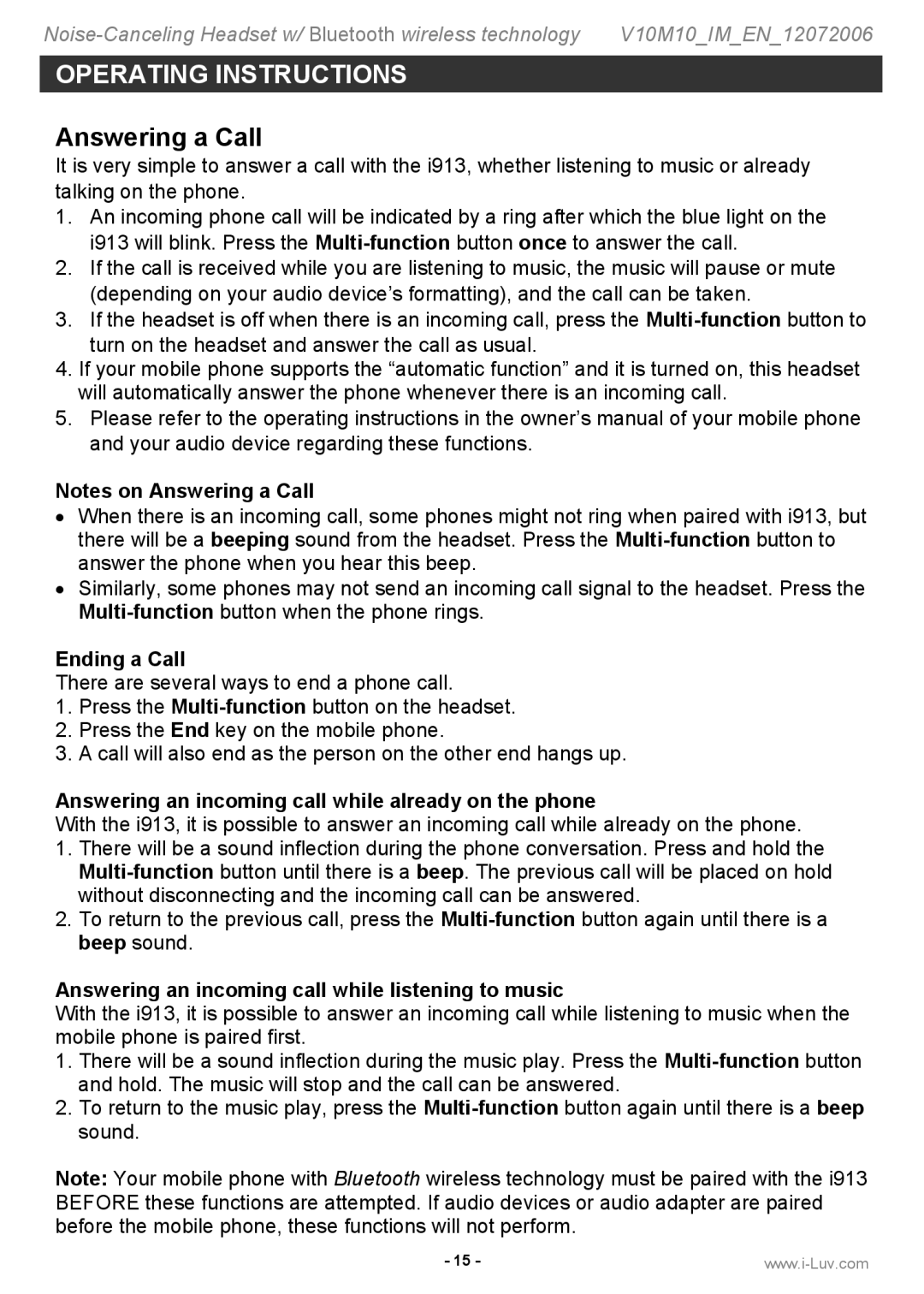 Iluv i913 instruction manual Answering a Call, Ending a Call, Answering an incoming call while already on the phone 