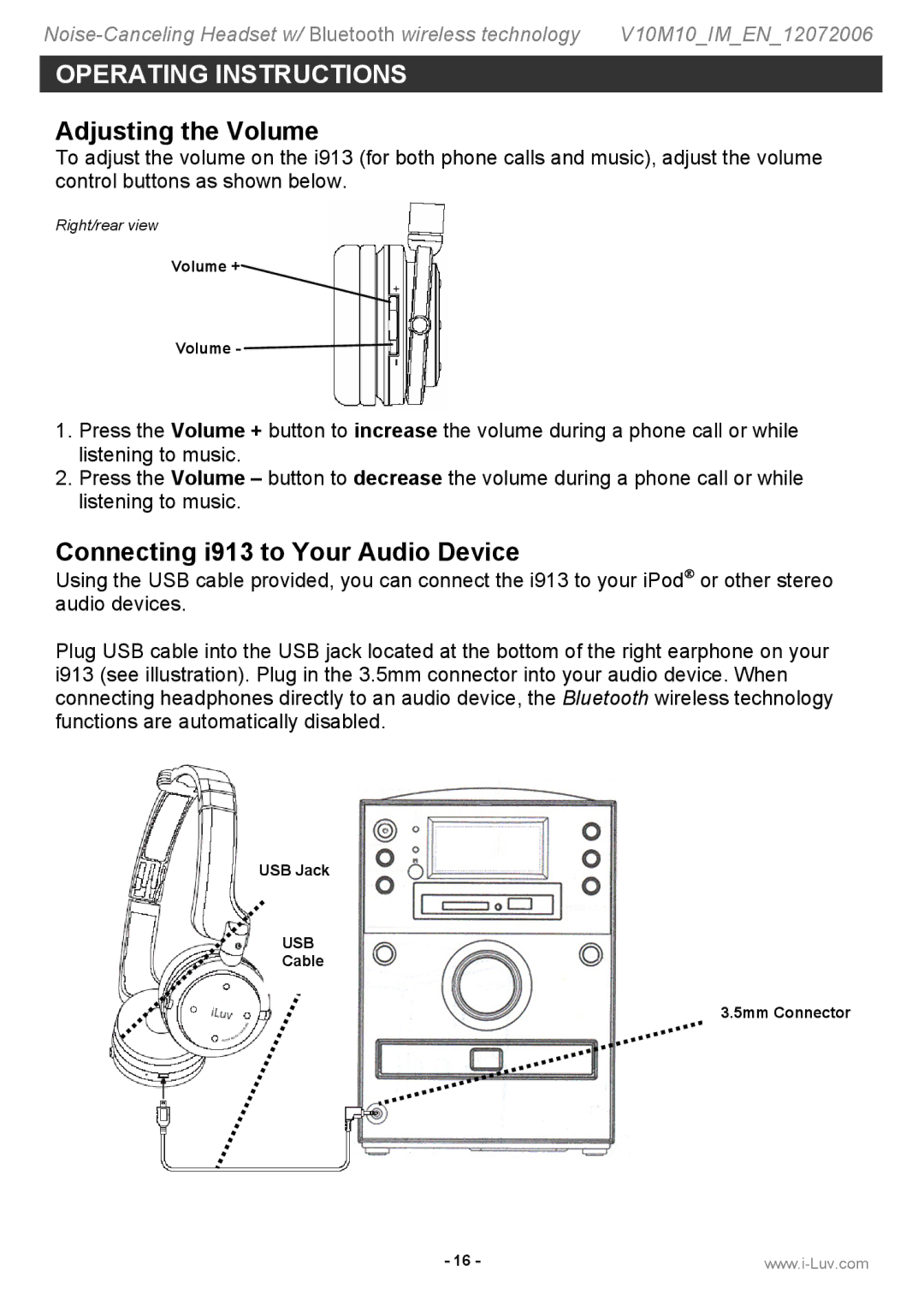 Iluv instruction manual Adjusting the Volume, Connecting i913 to Your Audio Device 