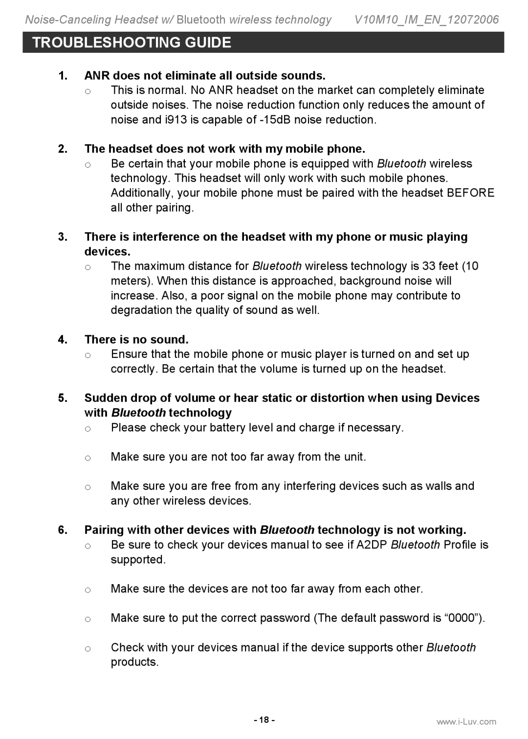 Iluv i913 Troubleshooting Guide, ANR does not eliminate all outside sounds, Headset does not work with my mobile phone 