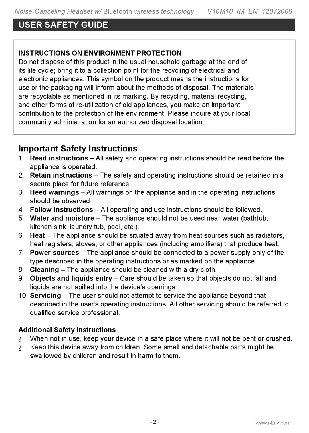 Iluv i913 instruction manual User Safety Guide, Important Safety Instructions, Additional Safety Instructions 