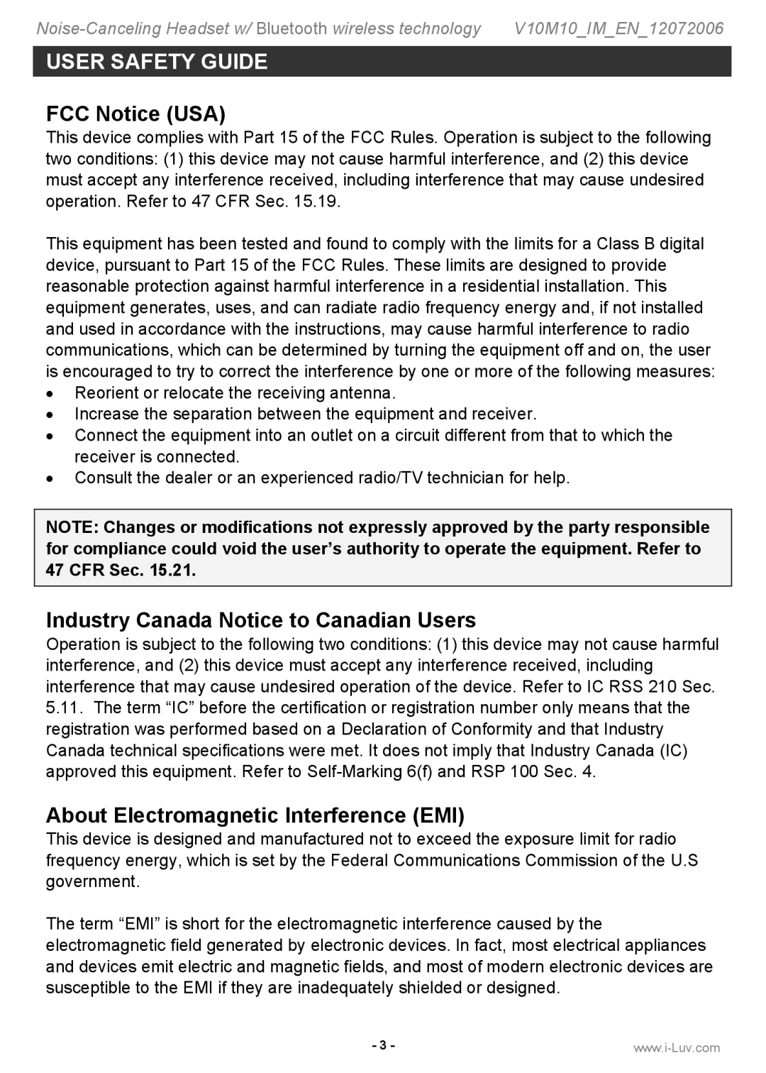 Iluv i913 FCC Notice USA, Industry Canada Notice to Canadian Users, About Electromagnetic Interference EMI 