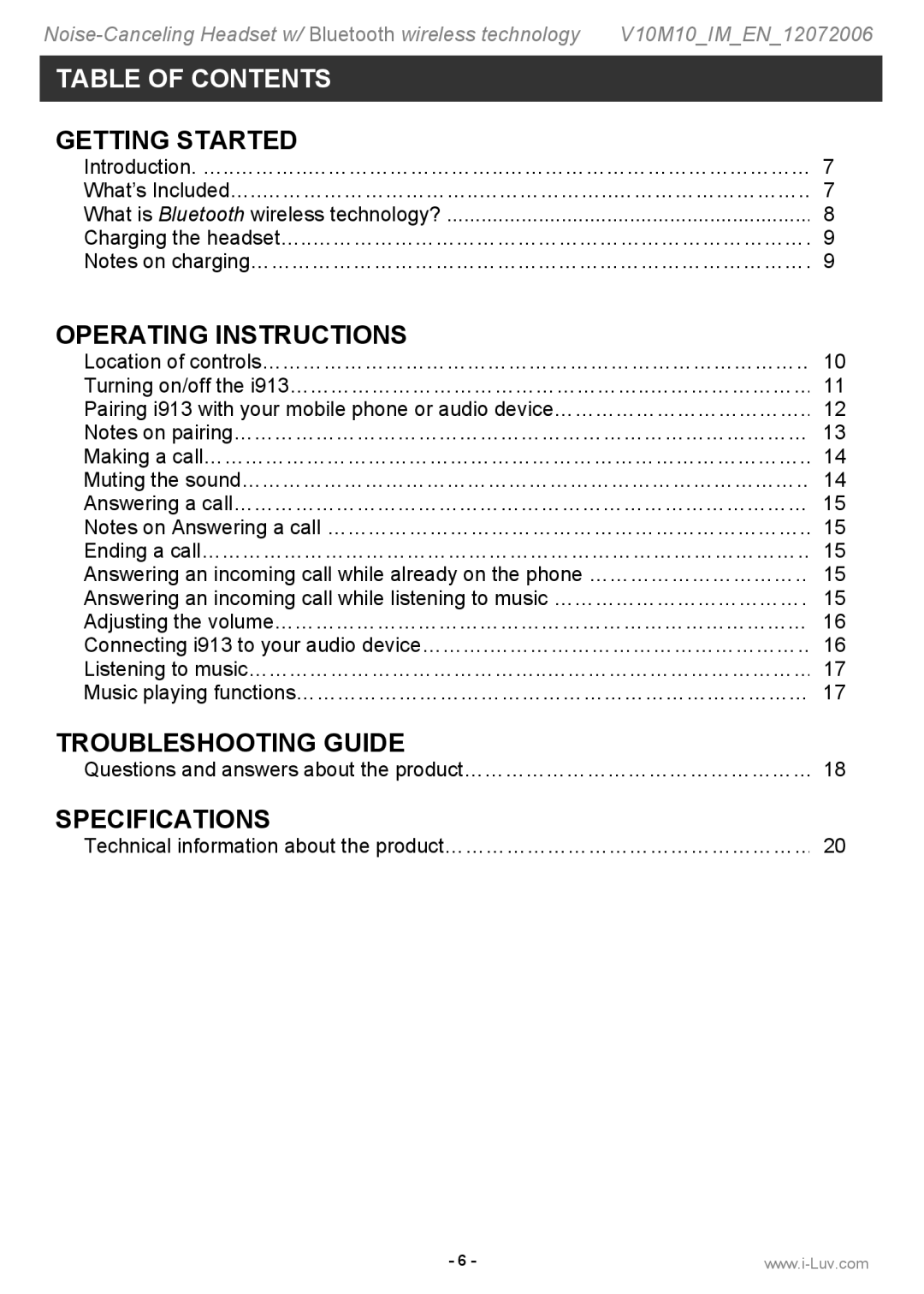 Iluv i913 instruction manual Table of Contents 