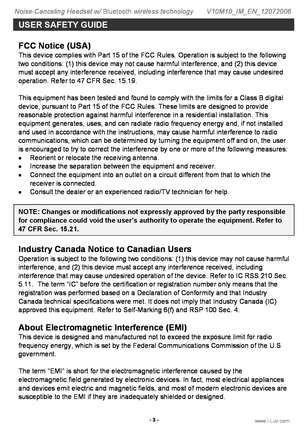 Iluv i913 FCC Notice USA, Industry Canada Notice to Canadian Users, About Electromagnetic Interference EMI 