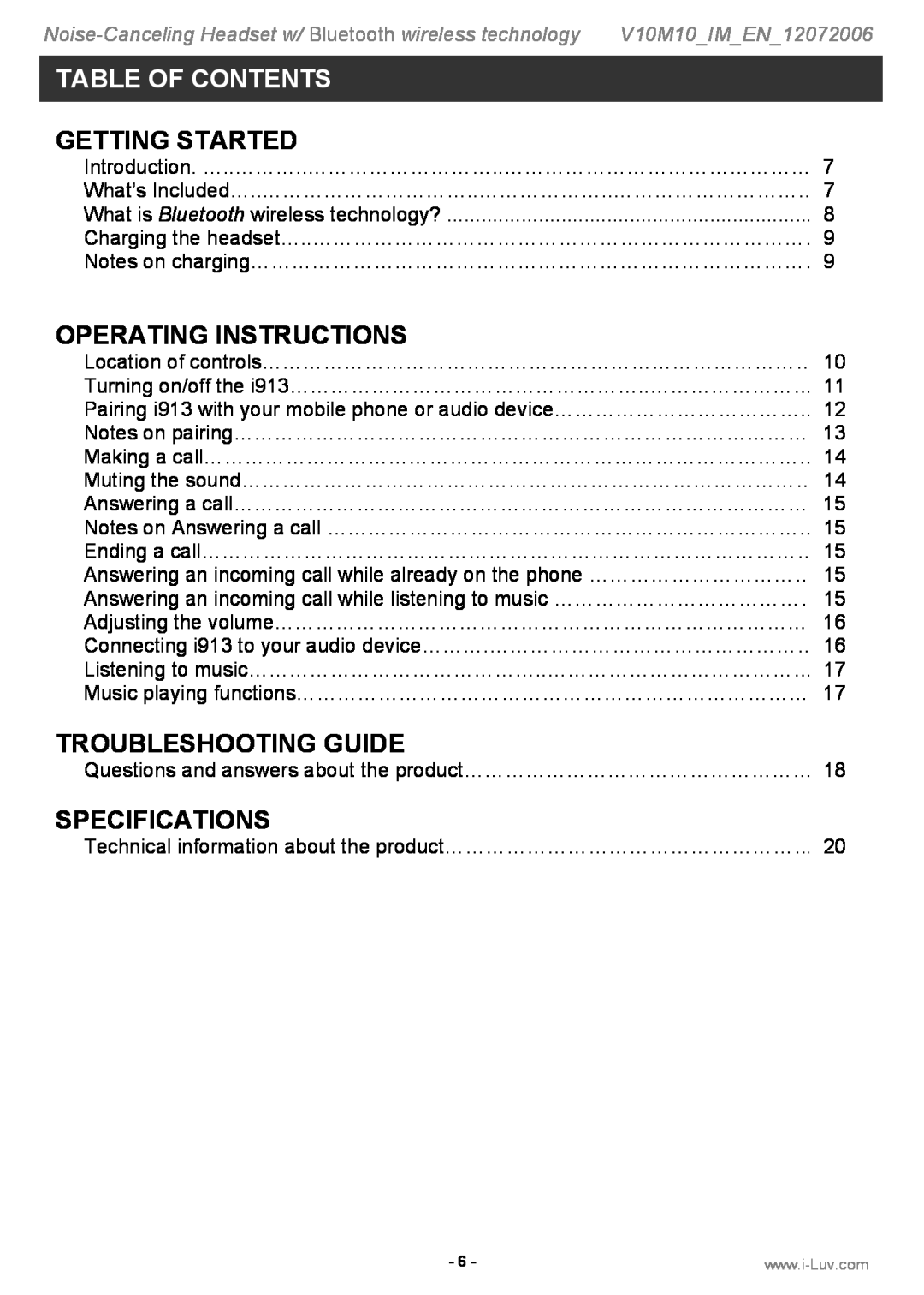 Iluv i913 Table Of Contents, Getting Started, Operating Instructions, Troubleshooting Guide, Specifications 