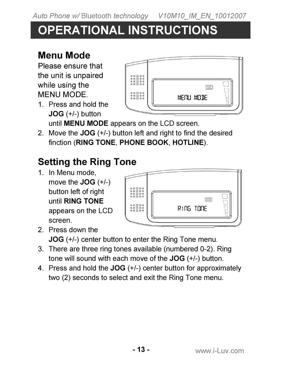 Iluv ii322 instruction manual Operational Instructions, Menu Mode, Setting the Ring Tone 