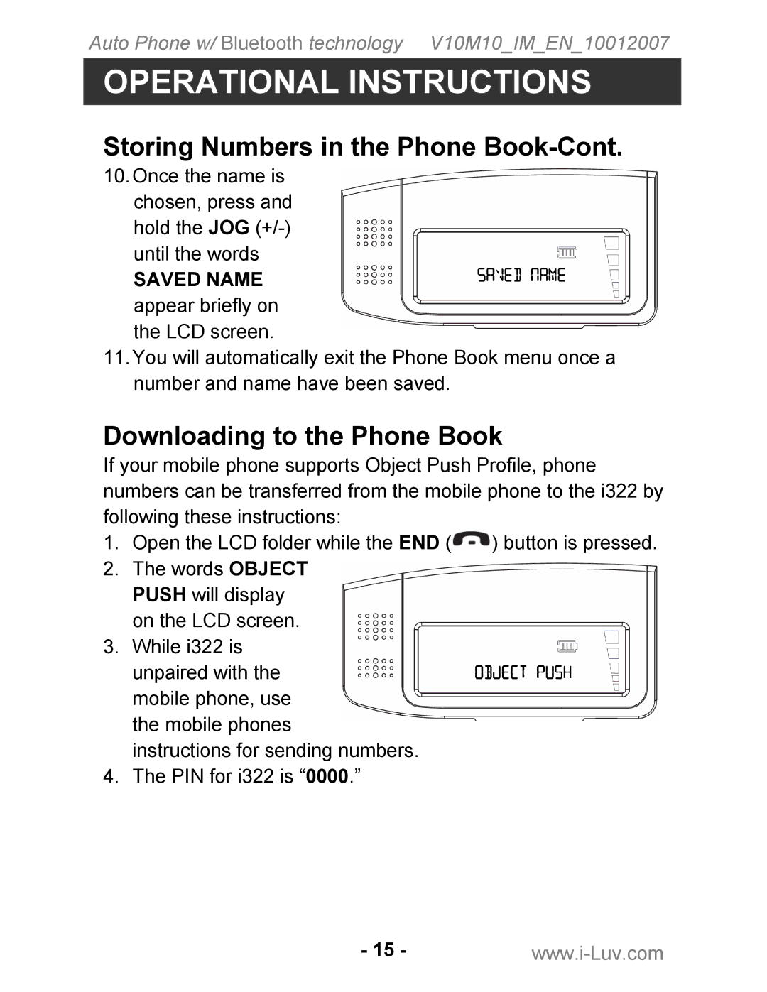 Iluv ii322 instruction manual Storing Numbers in the Phone Book-Cont, Downloading to the Phone Book 