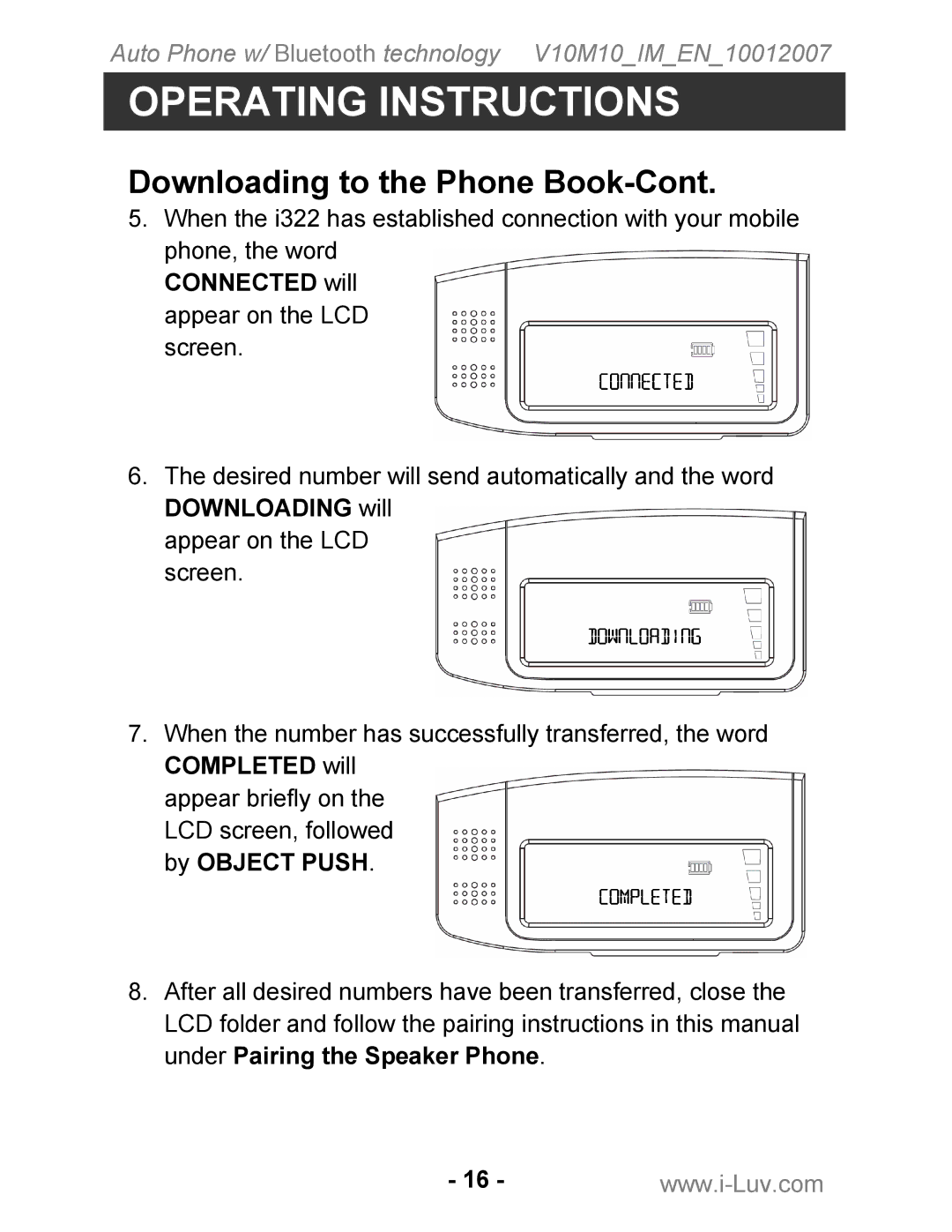 Iluv ii322 instruction manual Operating Instructions, Downloading to the Phone Book-Cont 