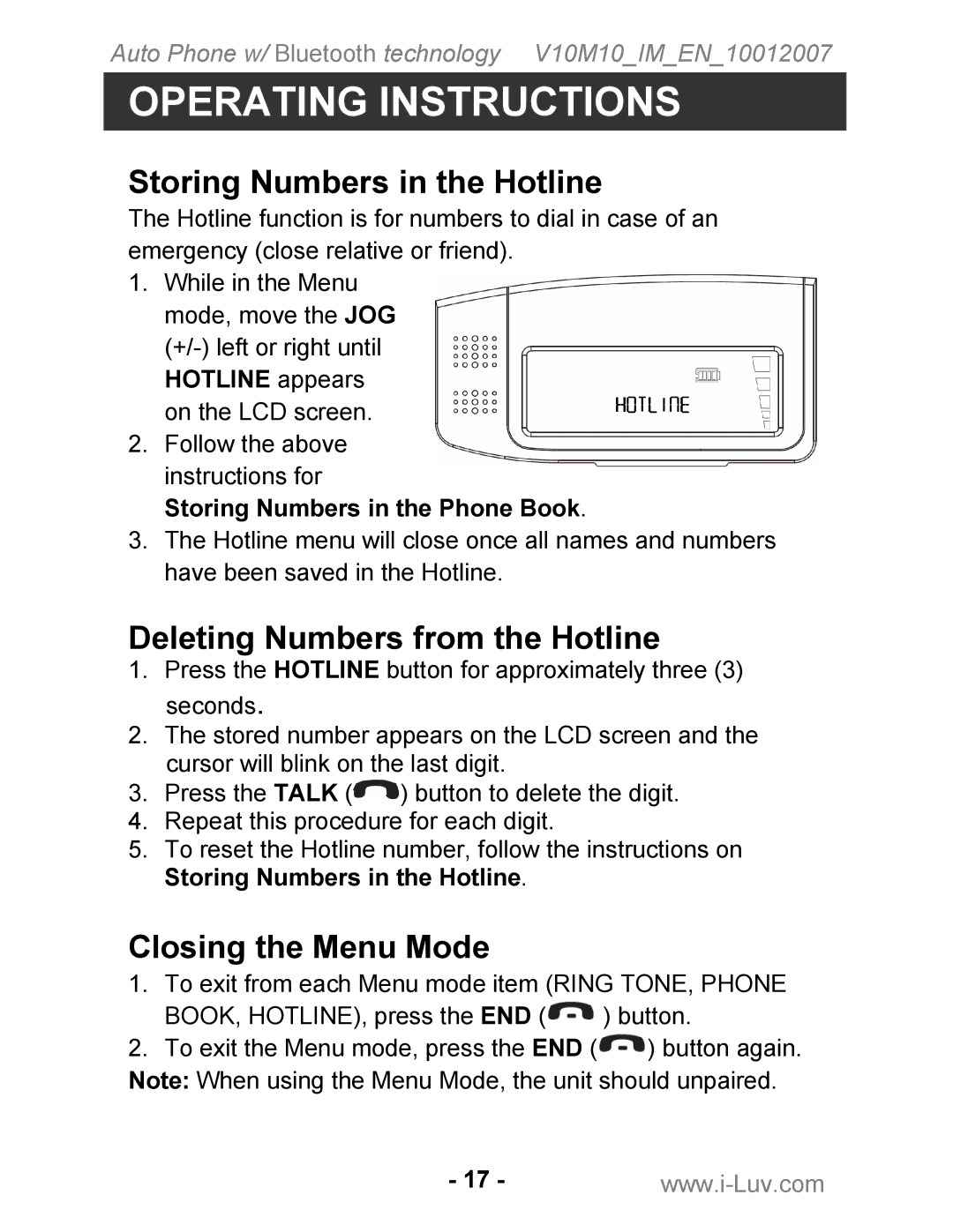 Iluv ii322 instruction manual Storing Numbers in the Hotline, Deleting Numbers from the Hotline, Closing the Menu Mode 