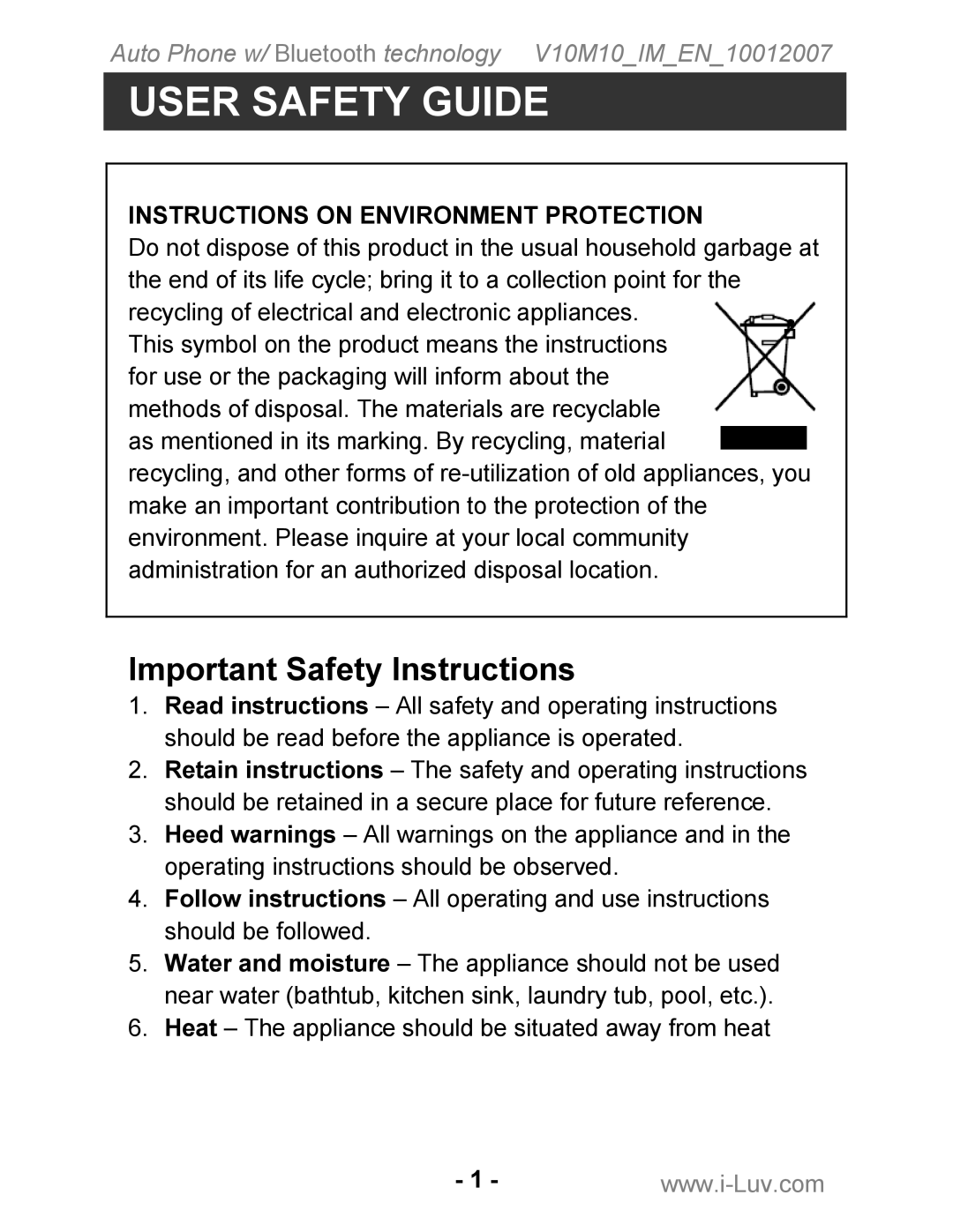 Iluv ii322 instruction manual User Safety Guide, Important Safety Instructions 