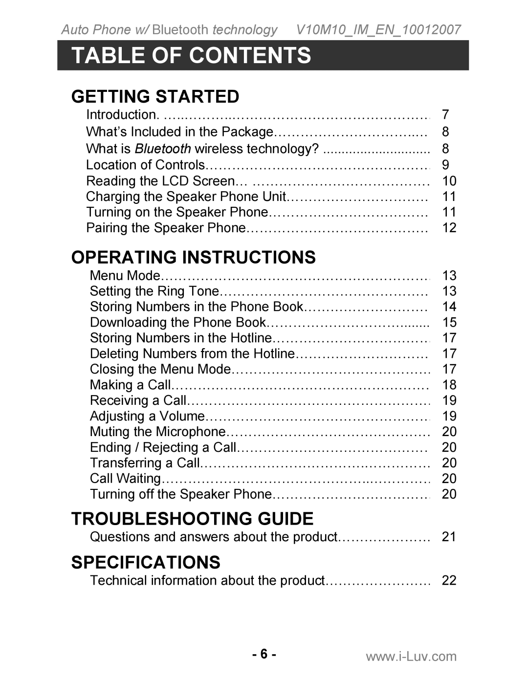 Iluv ii322 instruction manual Table of Contents 