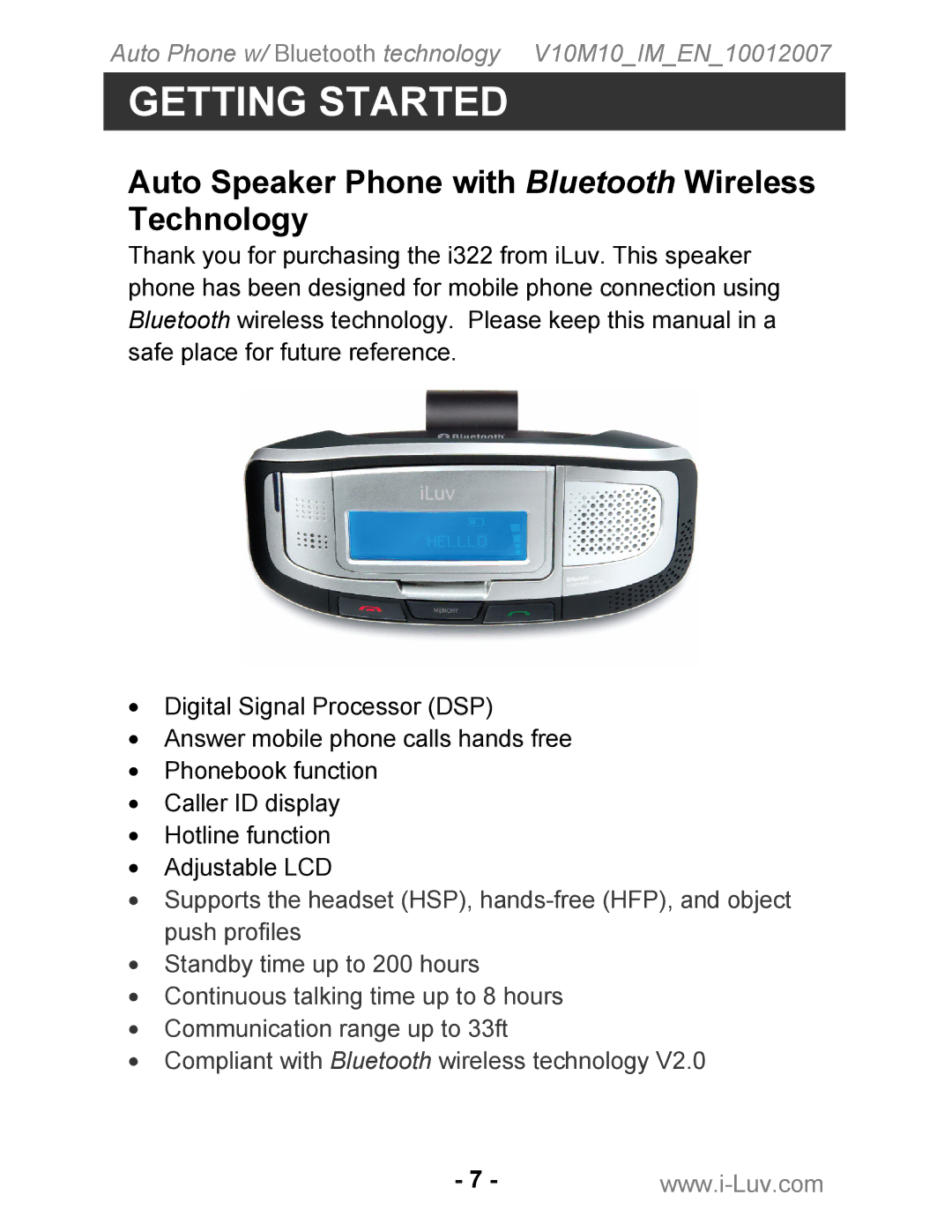 Iluv ii322 instruction manual Getting Started, Auto Speaker Phone with Bluetooth Wireless Technology 