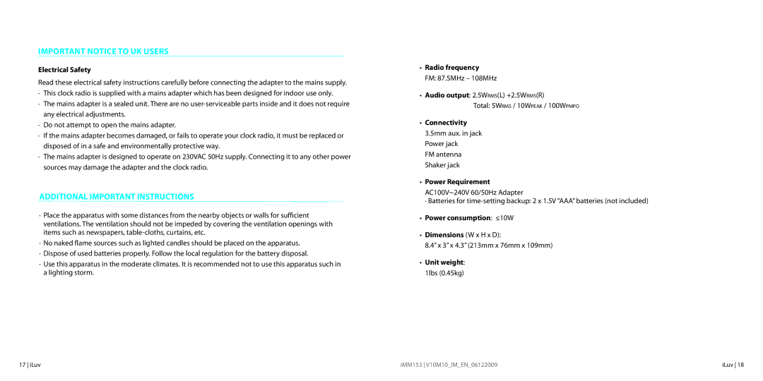 Iluv IMM153 instruction manual Specifications, Important notice to UK users, Additional Important Instructions 