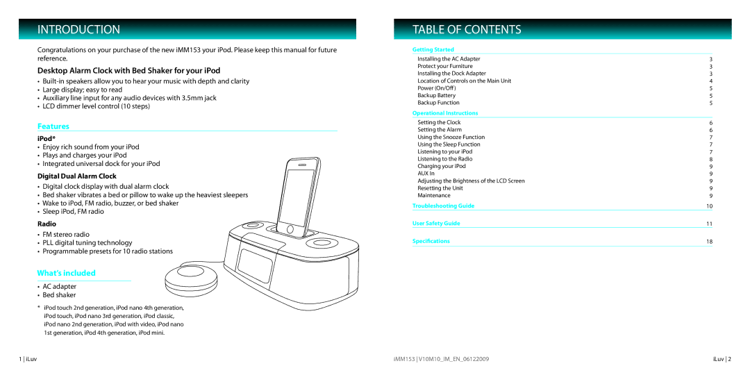 Iluv IMM153 instruction manual Introduction, Table of Contents 