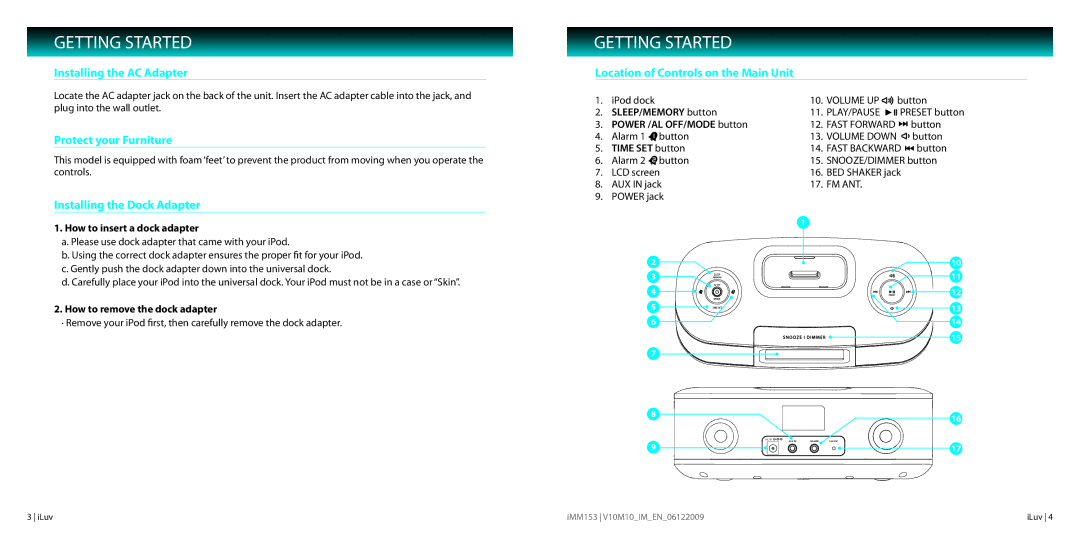 Iluv IMM153 Getting Started, Installing the AC Adapter, Protect your Furniture, Installing the Dock Adapter 