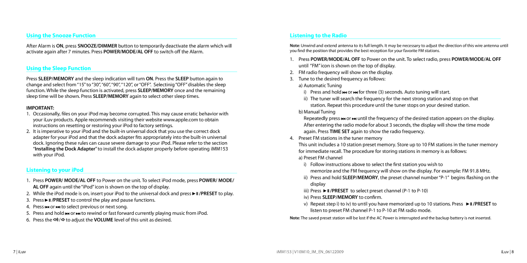 Iluv IMM153 Using the Snooze Function, Using the Sleep Function, Listening to your iPod, Listening to the Radio 