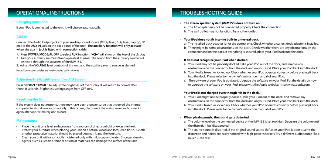 Iluv IMM153 instruction manual Troubleshooting Guide 