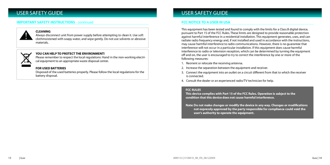 Iluv IMM153 instruction manual FCC Notice to a User in USA, Cleaning 