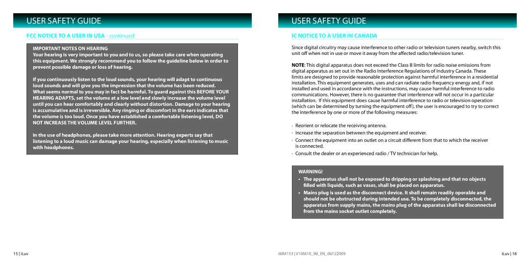 Iluv IMM153 instruction manual FCC Notice to a User in USA, IC Notice to a User in Canada 