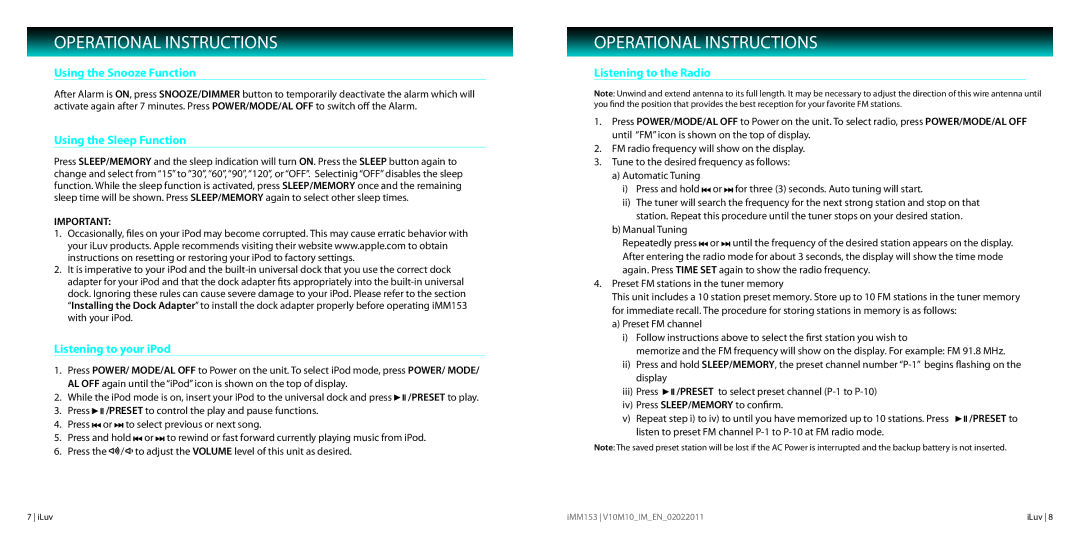 Iluv IMM153 Using the Snooze Function, Using the Sleep Function, Listening to your iPod, Listening to the Radio 