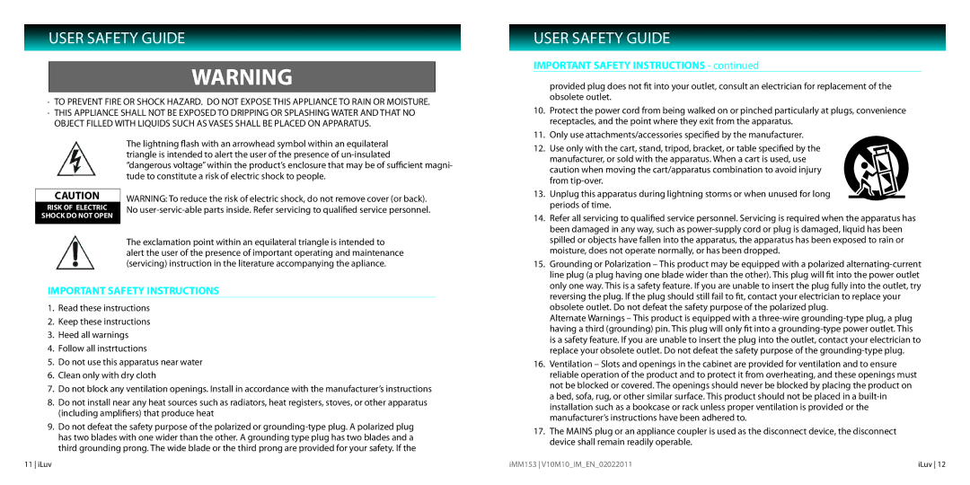 Iluv IMM153 instruction manual User Safety Guide, Important Safety Instructions 