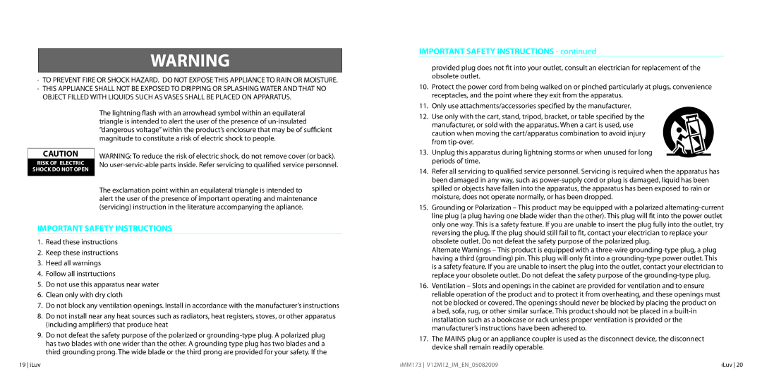 Iluv IMM173 instruction manual User Safety Guide, Important Safety Instructions 