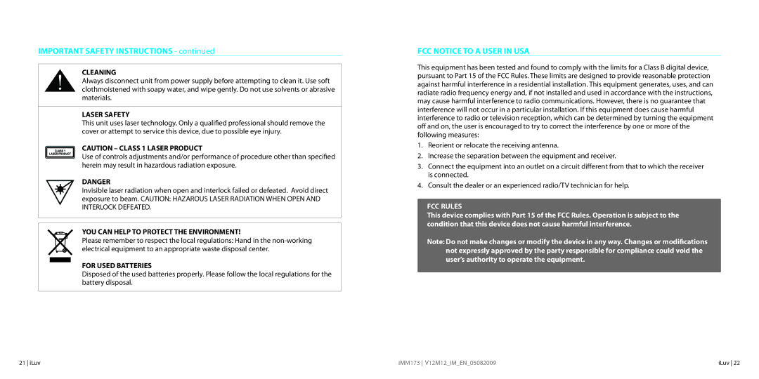 Iluv IMM173 instruction manual FCC Notice to a User in USA, Cleaning 