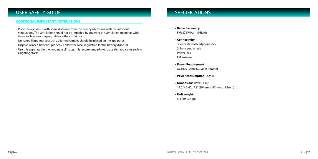 Iluv IMM173 instruction manual Specifications, Additional Important Instructions 