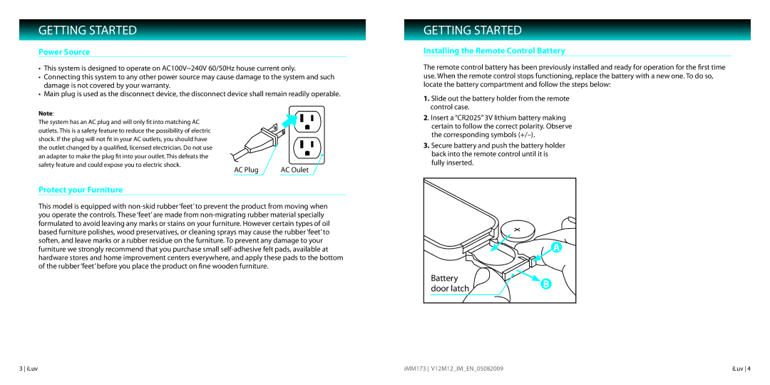 Iluv IMM173 instruction manual Getting Started, Power Source, Protect your Furniture, Installing the Remote Control Battery 