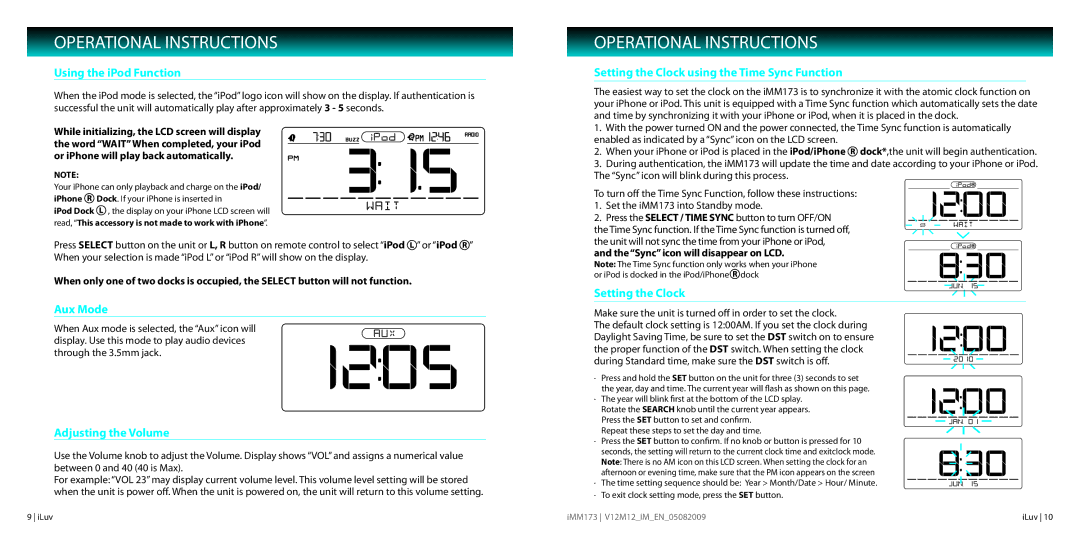 Iluv IMM173 Using the iPod Function, Aux Mode, Adjusting the Volume, Setting the Clock using the Time Sync Function 