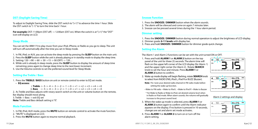 Iluv IMM173 DST Daylight Saving Time, Sleep Mode, Setting the Treble / Bass, Mute Function, Snooze Function 