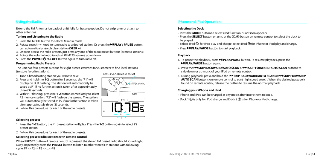 Iluv IMM173 instruction manual Using the Radio, IPhone and iPod Operation 