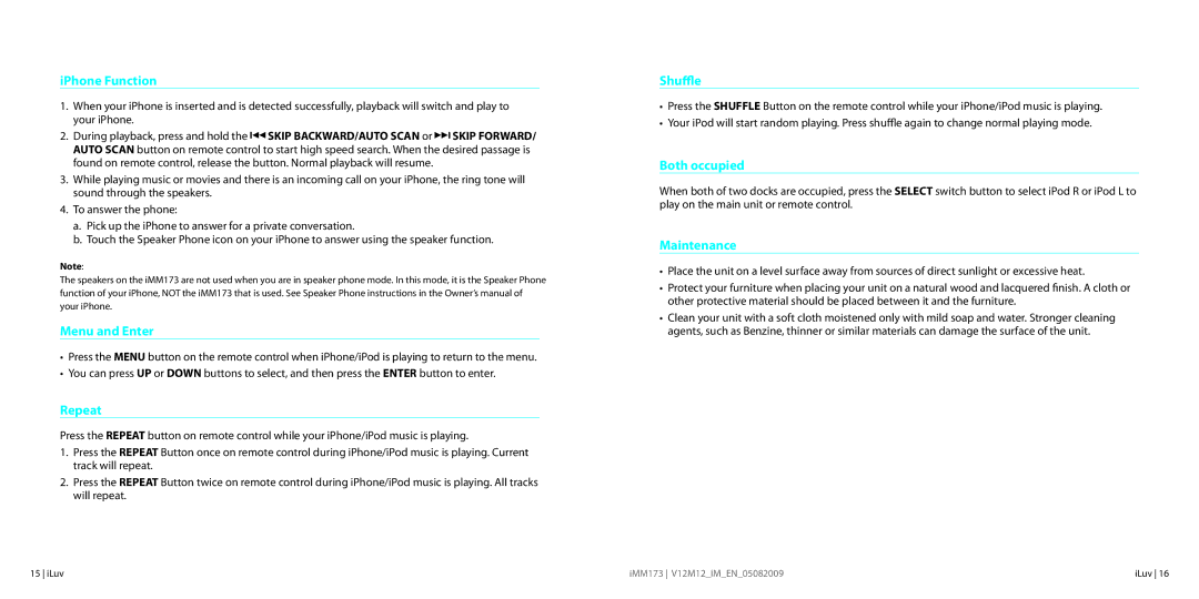 Iluv IMM173 instruction manual IPhone Function, Menu and Enter, Repeat, Shuffle, Both occupied, Maintenance 