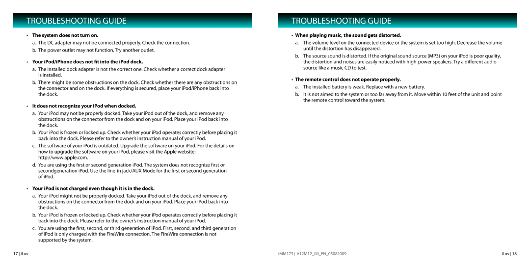 Iluv IMM173 Troubleshooting Guide, The system does not turn on, Your iPod/iPhone does not fit into the iPod dock 