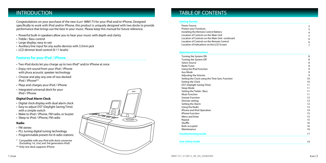 Iluv IMM173 Introduction, Table Of Contents, Features for your iPod / iPhone, Digital Dual Alarm Clock, Radio 