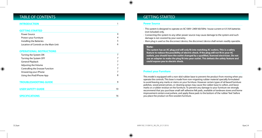 Iluv IMM190 instruction manual Table of Contents, Getting Started 