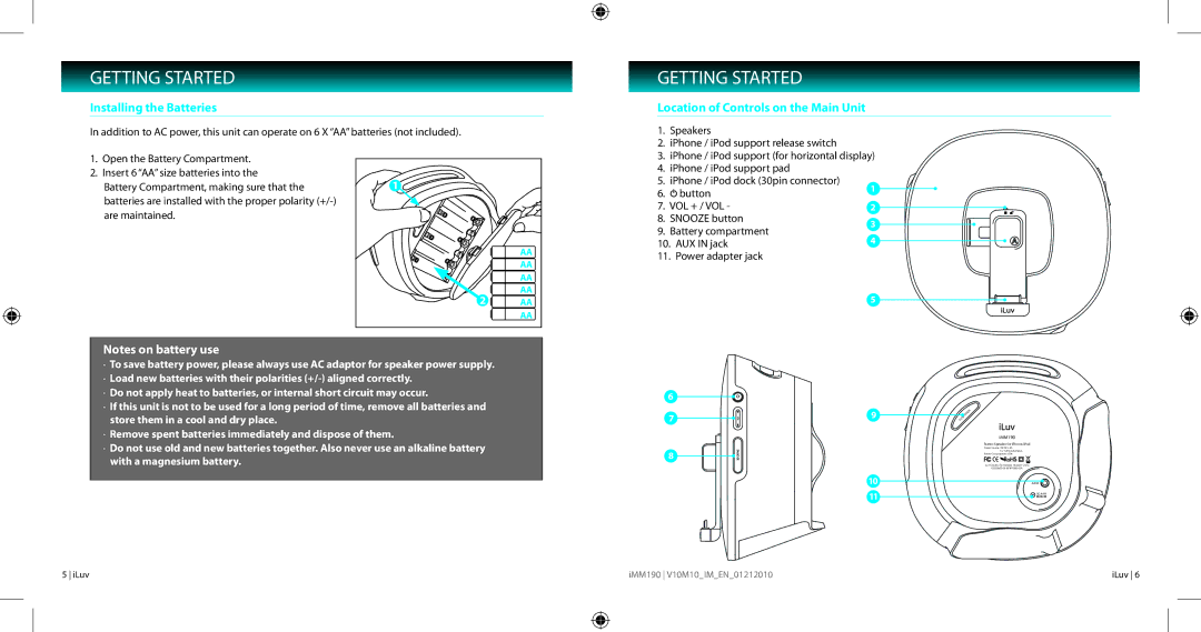 Iluv IMM190 instruction manual Installing the Batteries, Location of Controls on the Main Unit 