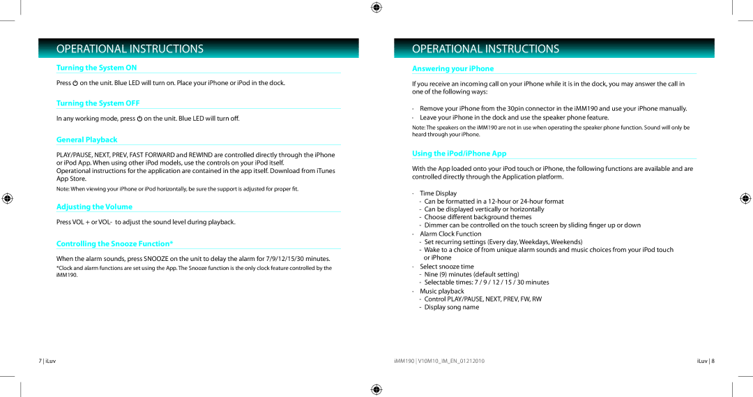 Iluv IMM190 instruction manual Operational Instructions 